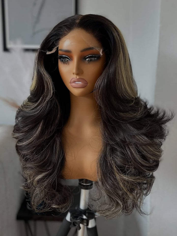 Dorsanee Balayage Black Brown Highlights 13x4 Lace Front Virgin Human Hair Wigs