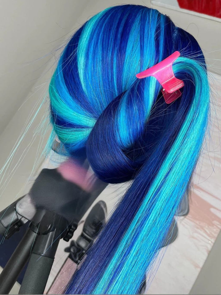 Dorsanee Balayage Dark Light Ocean Blue Money Piece 13x4 Lace Front Human Hair Wigs