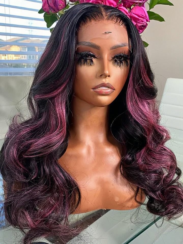Dorsanee Black Mix Purple Highlights 13x4 Transparent Lace Front Body Wave Human Hair Wig