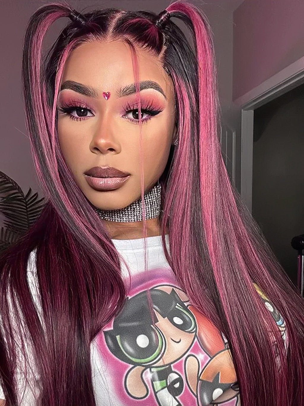 Dorsanee Black Mix Purple Highlights 13x4 Transparent Lace Front Straight Human Hair Wigs For Women