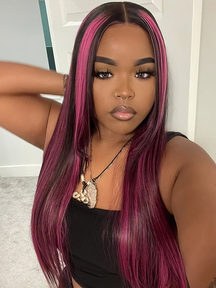 Dorsanee Black Mix Purple Highlights 13x4 Transparent Lace Front Straight Human Hair Wigs Popular Wig