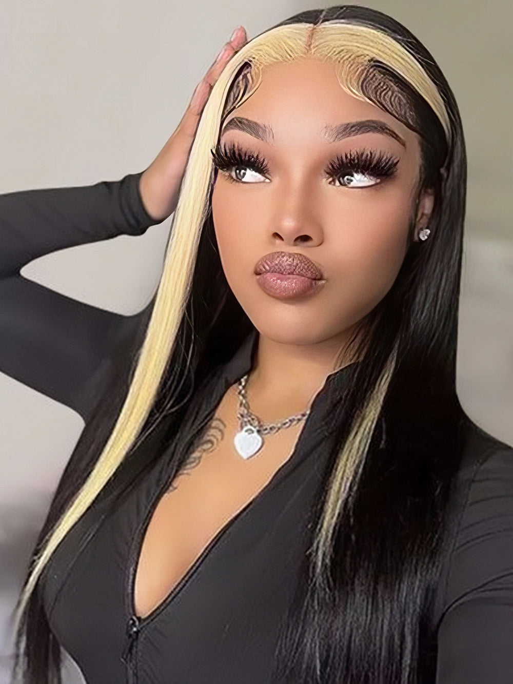 Dorsanee Black Wig with Blonde Skunk Stripe Straight 13x4 Lace Front Human Hair Wigs Per Plucked Bleached