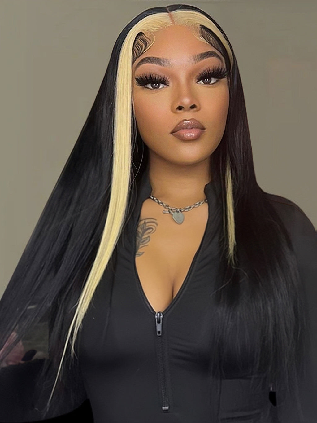Dorsanee Black Wig with Blonde Skunk Stripe Straight 13x4 Lace Front Human Hair Wigs Per Plucked Bleached For Women Colored Wig