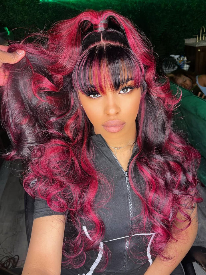 Dorsanee Black With 99J Red Highlights 13x4 Lace Front Human Hair Wig With Bangs