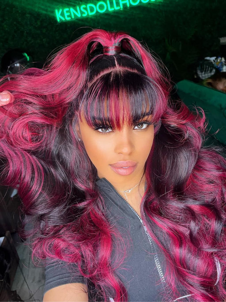 Dorsanee Black With 99J Red Highlights 13x4 Lace Front Human Hair Wig With Bangs