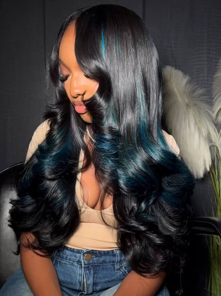 Dorsanee Black With Blue Highlight Streaks 13x4 HD Lace Front Human Hair Wigs