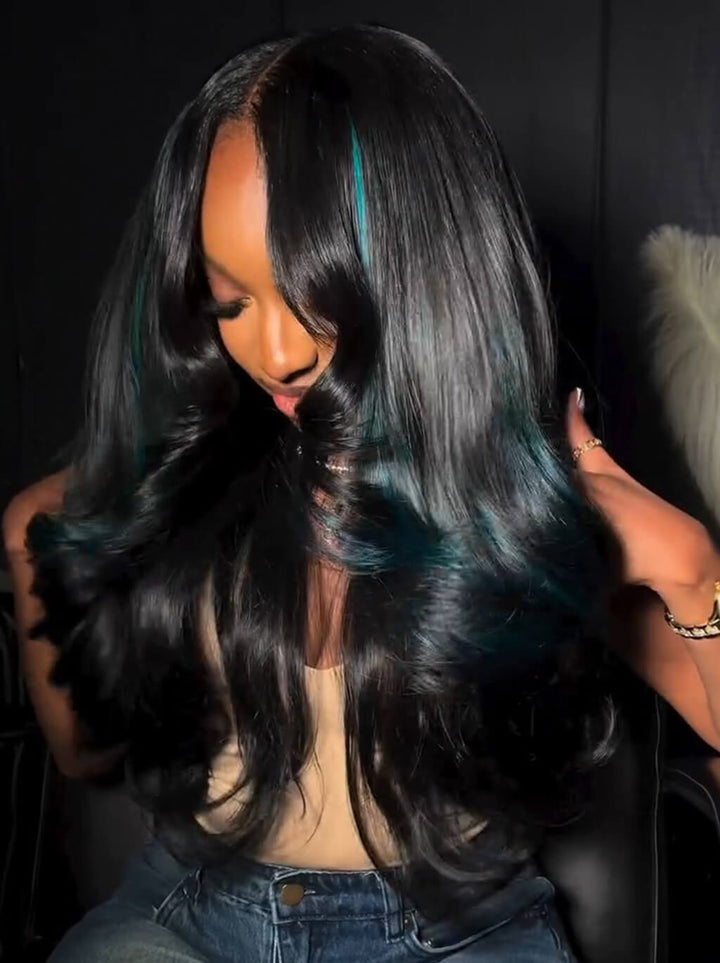 Dorsanee Black With Blue Highlight Streaks 13x4 HD Lace Front Human Hair Wigs