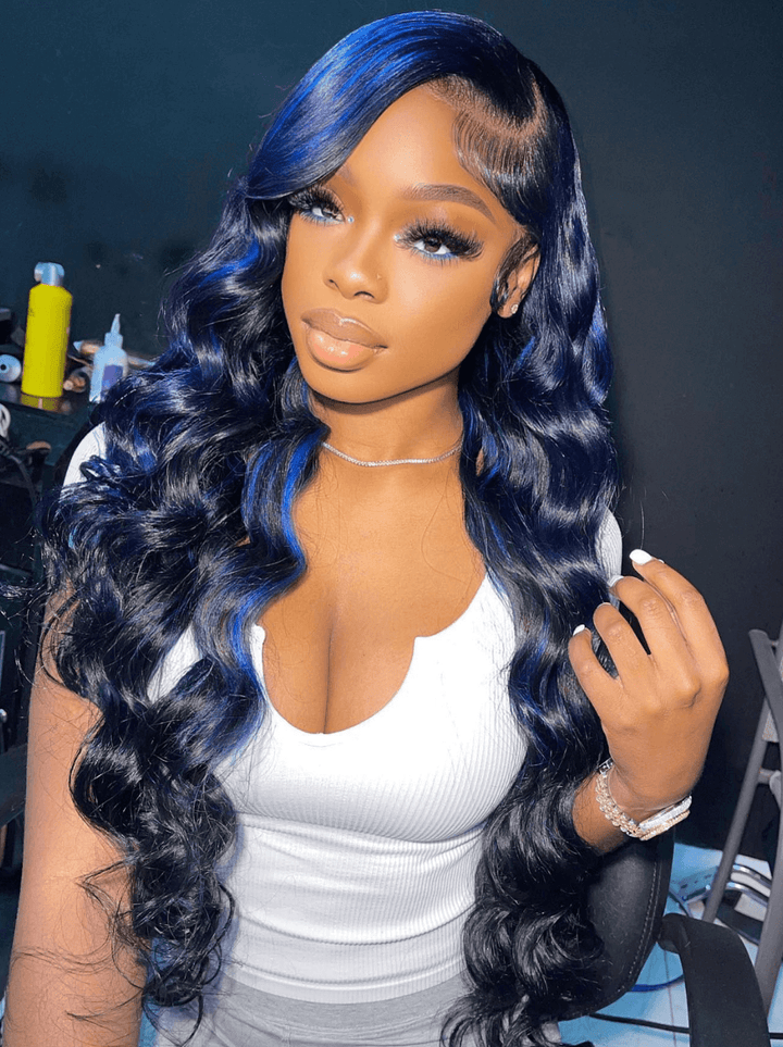 Dorsanee Black With Blue Highlights Streaks 13x4 HD Lace Front Human Hair Wigs