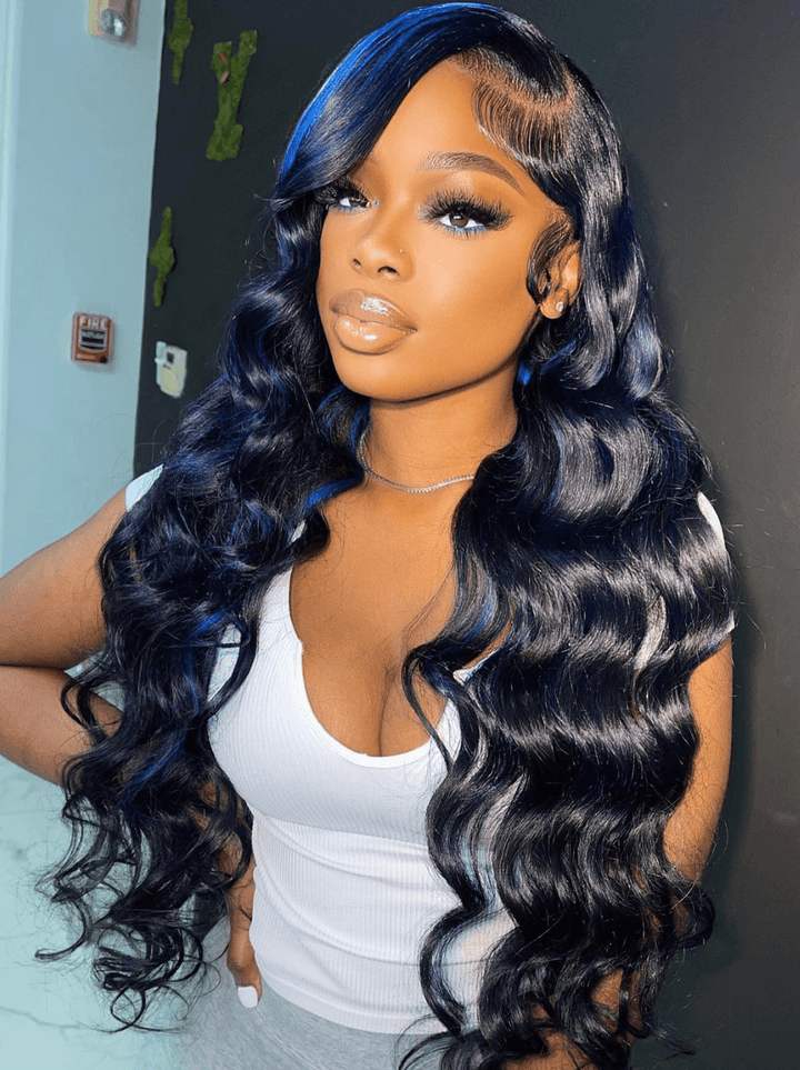 Dorsanee Black With Blue Highlights Streaks 13x4 HD Lace Front Human Hair Wigs
