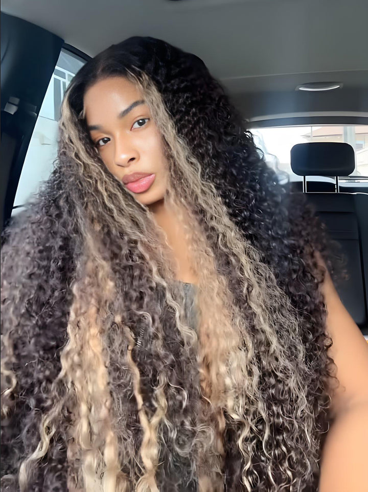 Dorsanee Black With Brown Highlights Deep Wave Curly 13x4 Lace Front Human Hair Wigs