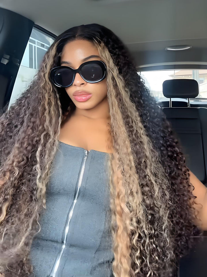 Dorsanee Black With Brown Highlights Deep Wave Curly 13x4 Lace Front Human Hair Wigs