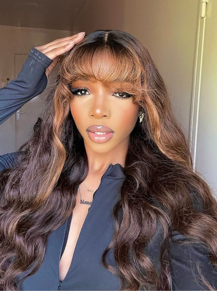 Dorsanee Black With Brown Highlights Wavy 13x4 Lace Front Human Hair Wig With Bangs