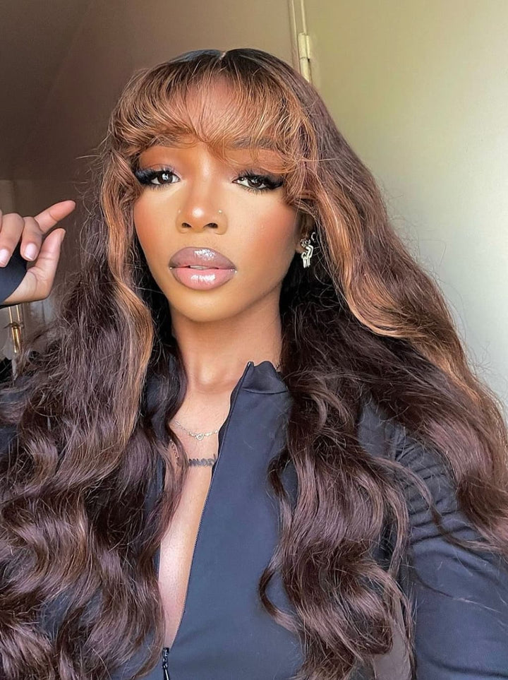 Dorsanee Black With Brown Highlights Wavy 13x4 Lace Front Human Hair Wig With Bangs