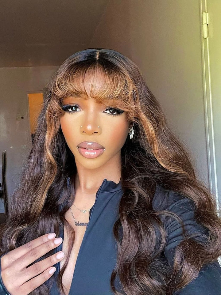Dorsanee Black With Brown Highlights Wavy 13x4 Lace Front Human Hair Wig With Bangs