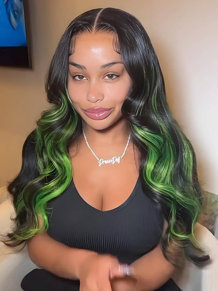 Dorsanee Black With Green Highlight Streaks 13x4 Lace Front Human Hair Wigs