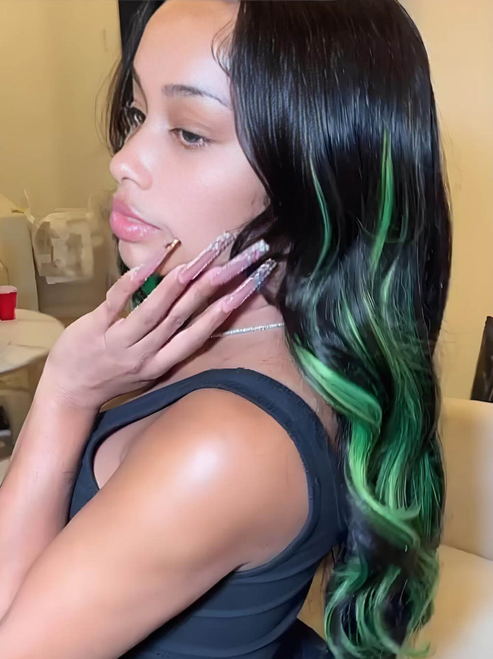 Dorsanee Black With Green Highlight Streaks 13x4 Lace Front Human Hair Wigs