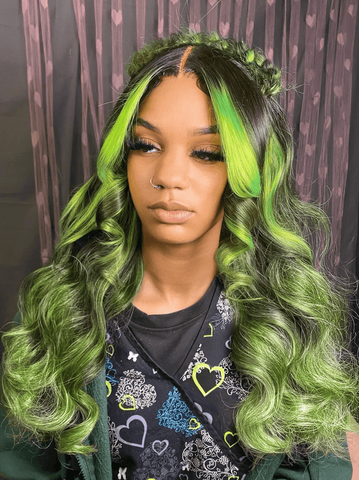 Dorsanee Black With Green Highlight Streaks 13x4 Lace Front Virgin Human Hair Wigs