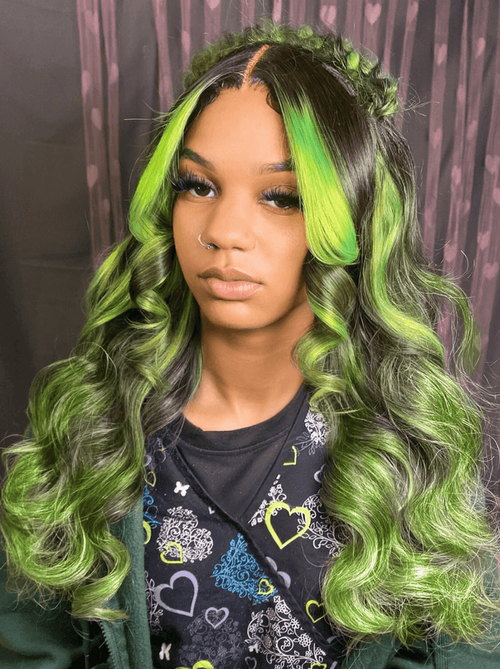 Dorsanee Black With Green Highlight Streaks 13x4 Lace Front Virgin Human Hair Wigs