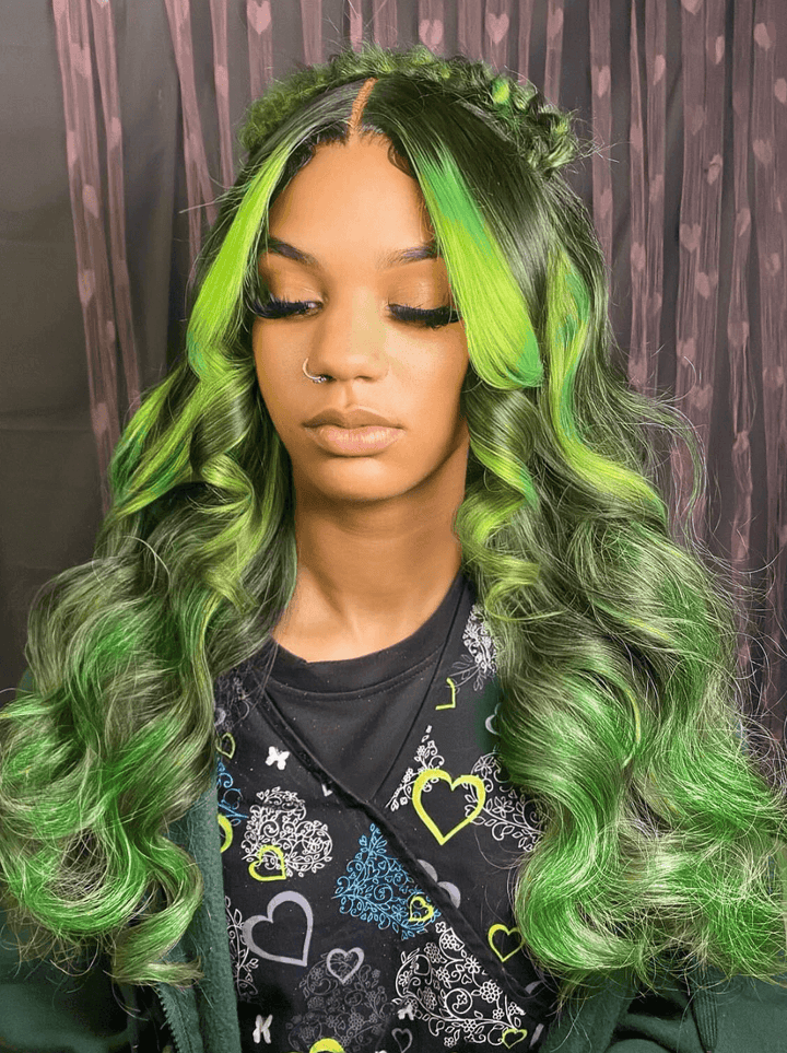 Dorsanee Black With Green Highlight Streaks 13x4 Lace Front Virgin Human Hair Wigs