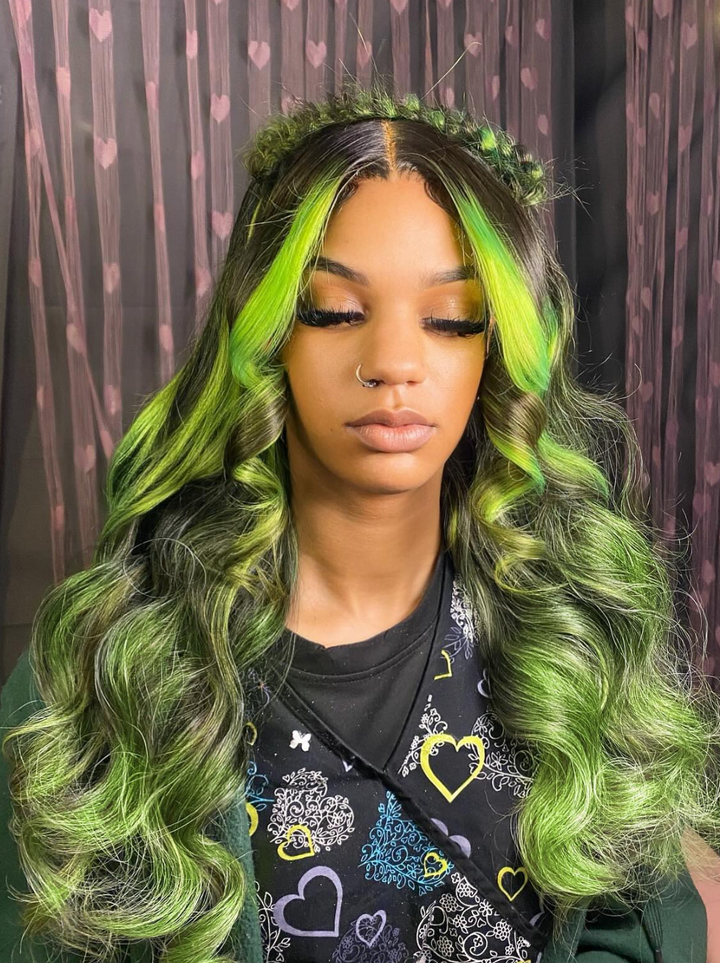 Dorsanee Black With Green Highlight Streaks 13x4 Lace Front Virgin Human Hair Wigs