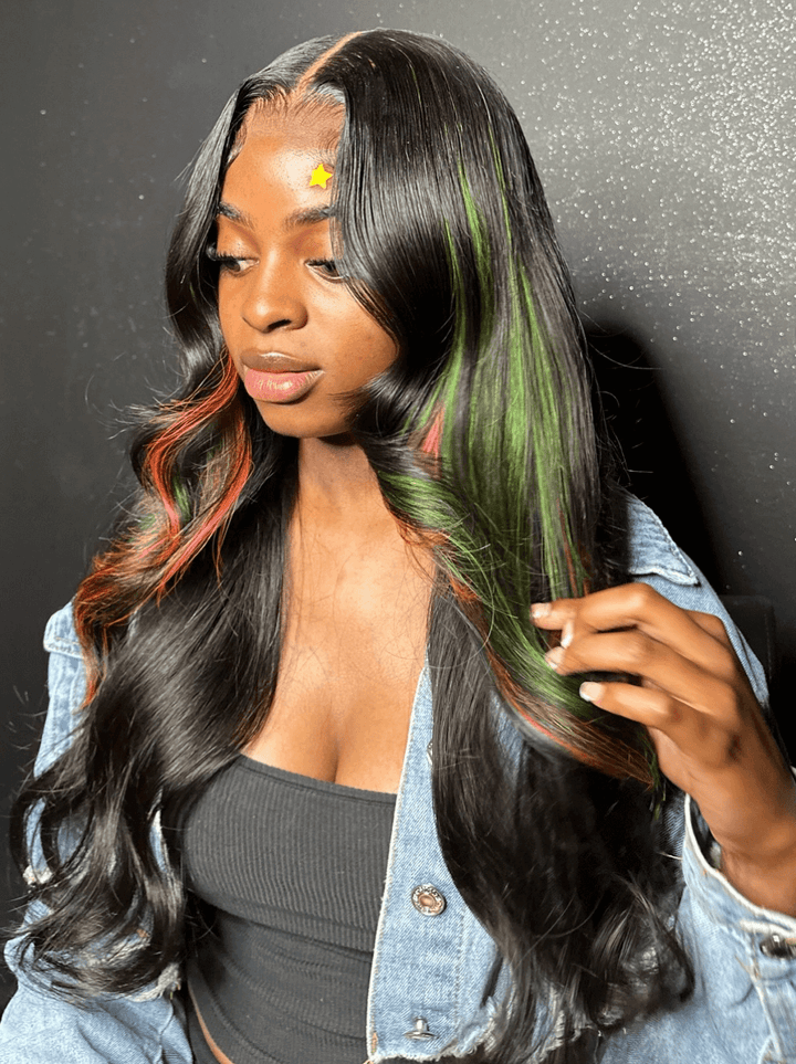 Dorsanee Black With Green Red Highlight 13x4 Lace Front Virgin Human Hair Wigs