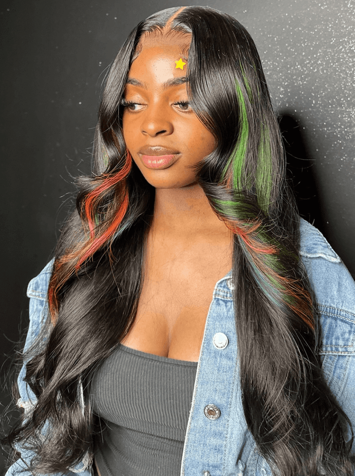 Dorsanee Black With Green Red Highlight 13x4 Lace Front Virgin Human Hair Wigs