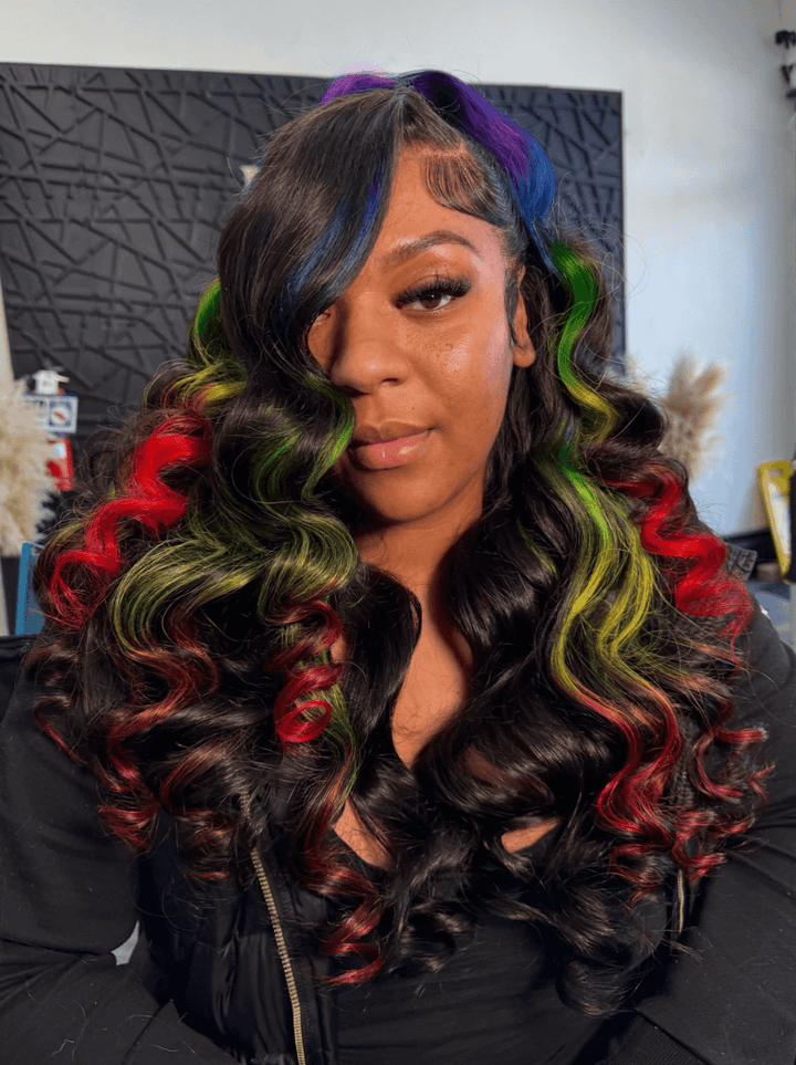 Dorsanee Black With Green Red Yellow Highlight Streaks 13x4 Lace Front Human Hair Wigs