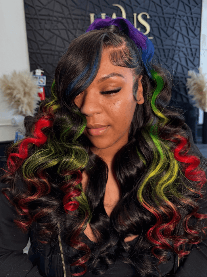 Dorsanee Black With Green Red Yellow Highlight Streaks 13x4 Lace Front Human Hair Wigs