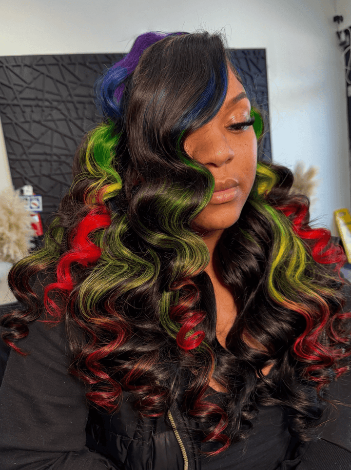 Dorsanee Black With Green Red Yellow Highlight Streaks 13x4 Lace Front Human Hair Wigs