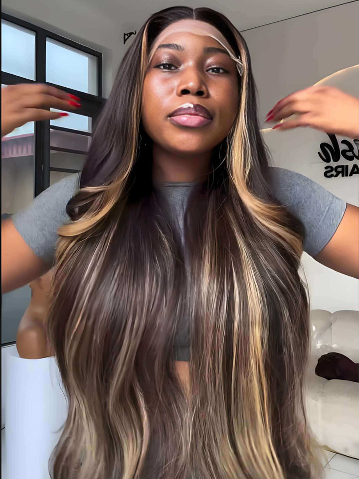 Dorsanee Black With Honey Blonde Brown Skunk Stripe Highlights 13x4 Lace Front Human Hair Wigs