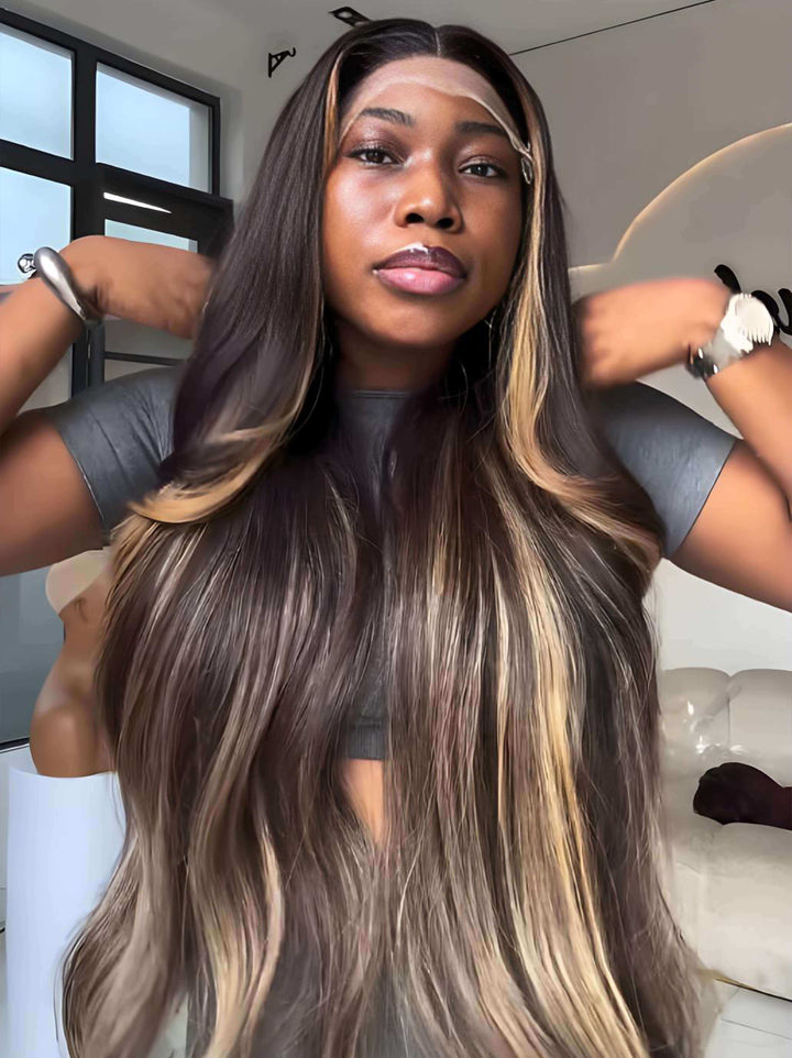 Dorsanee Black With Honey Blonde Brown Skunk Stripe Highlights 13x4 Lace Front Human Hair Wigs