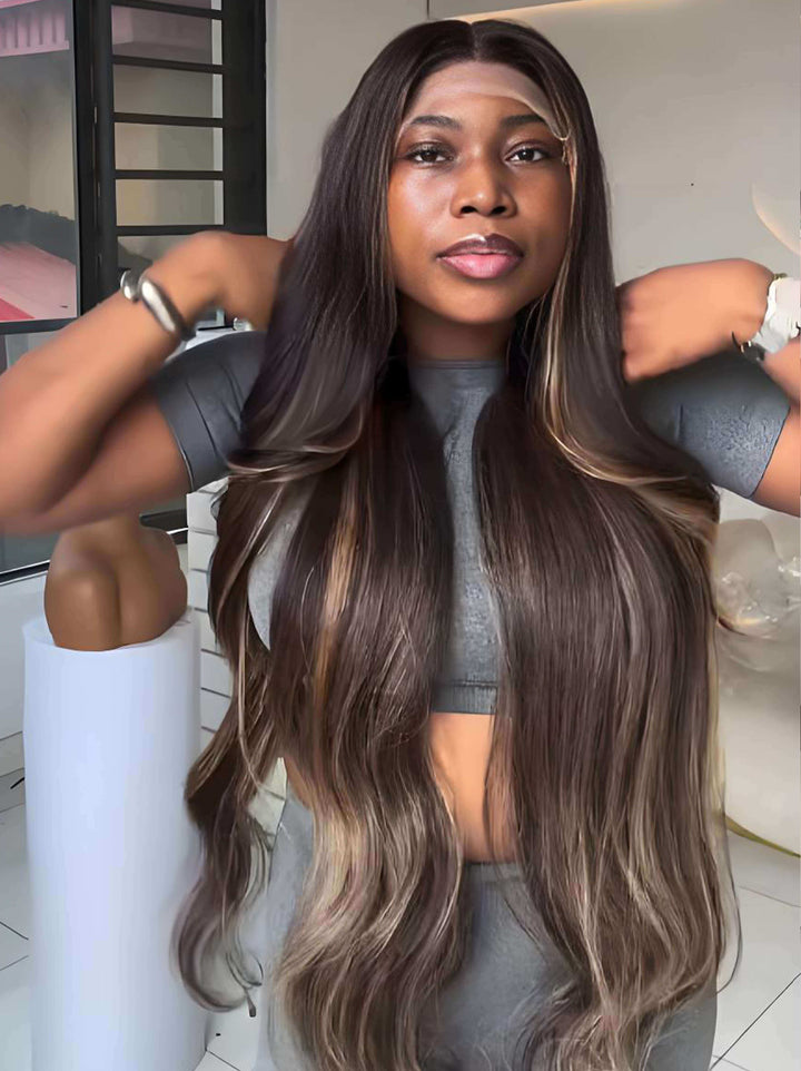 Dorsanee Black With Honey Blonde Brown Skunk Stripe Highlights 13x4 Lace Front Human Hair Wigs