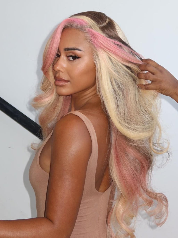 Dorsanee Blonde With Pink Skunk Stripe Brown Streak 13x4 Lace Front Human Hair Wig