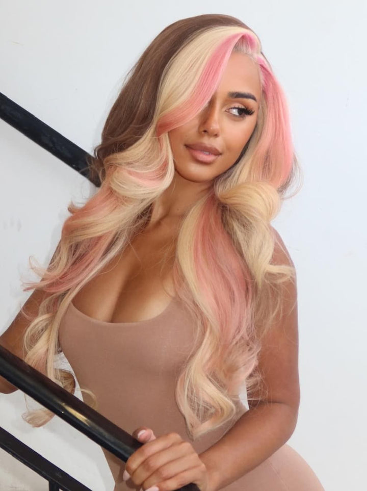 Dorsanee Blonde With Pink Skunk Stripe Brown Streak 13x4 Lace Front Human Hair Wig