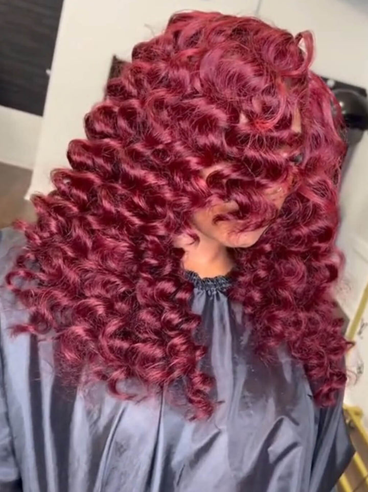 Dorsanee Bouncy 99J Red Wand Curls 13x4 Lace Front Virgin Human Hair Wigs