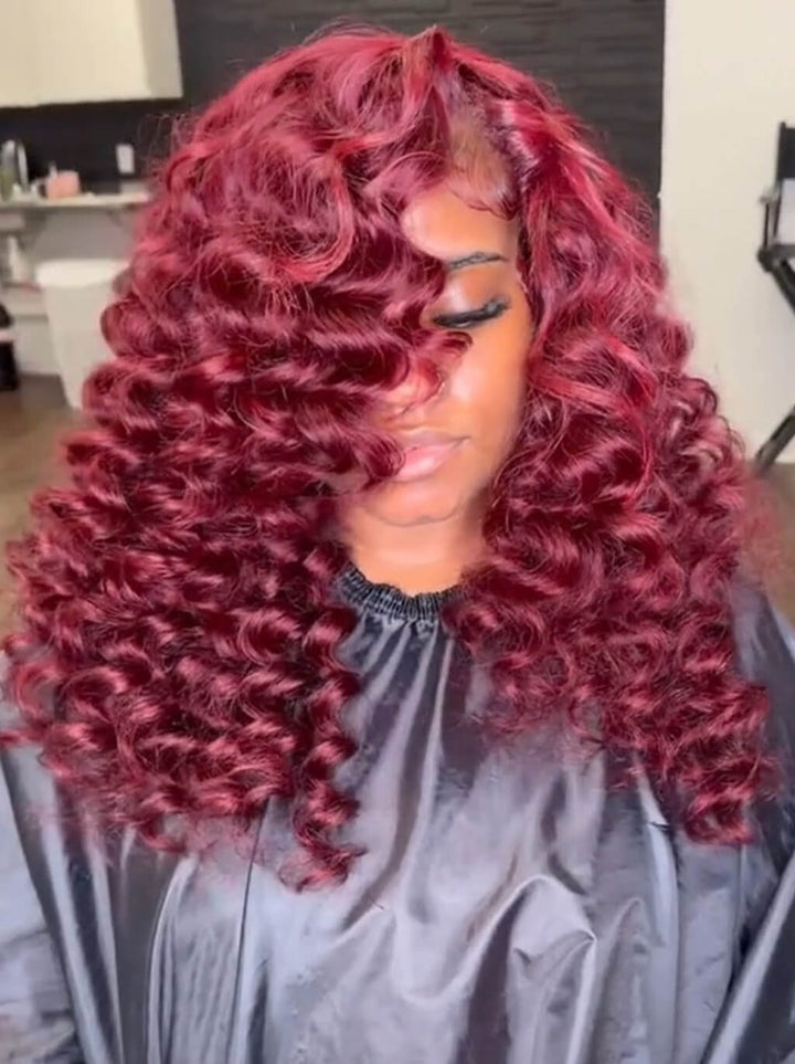 Dorsanee Bouncy 99J Red Wand Curls 13x4 Lace Front Virgin Human Hair Wigs