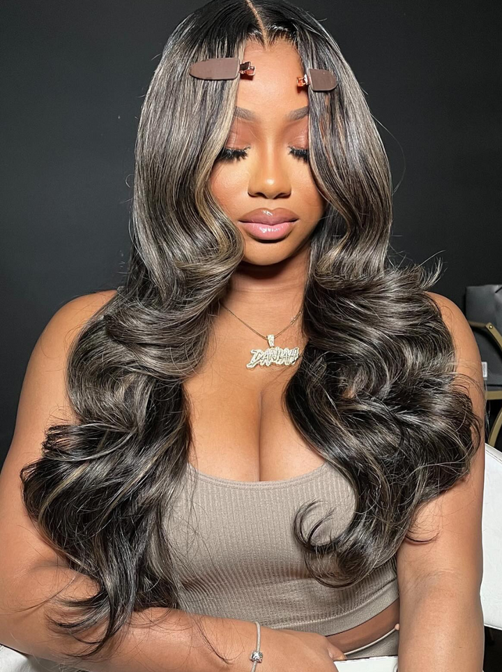 Dorsanee Brown Gray Highlight 13x4 Lace Front Body Wave Human Hair Wigs 200 Density