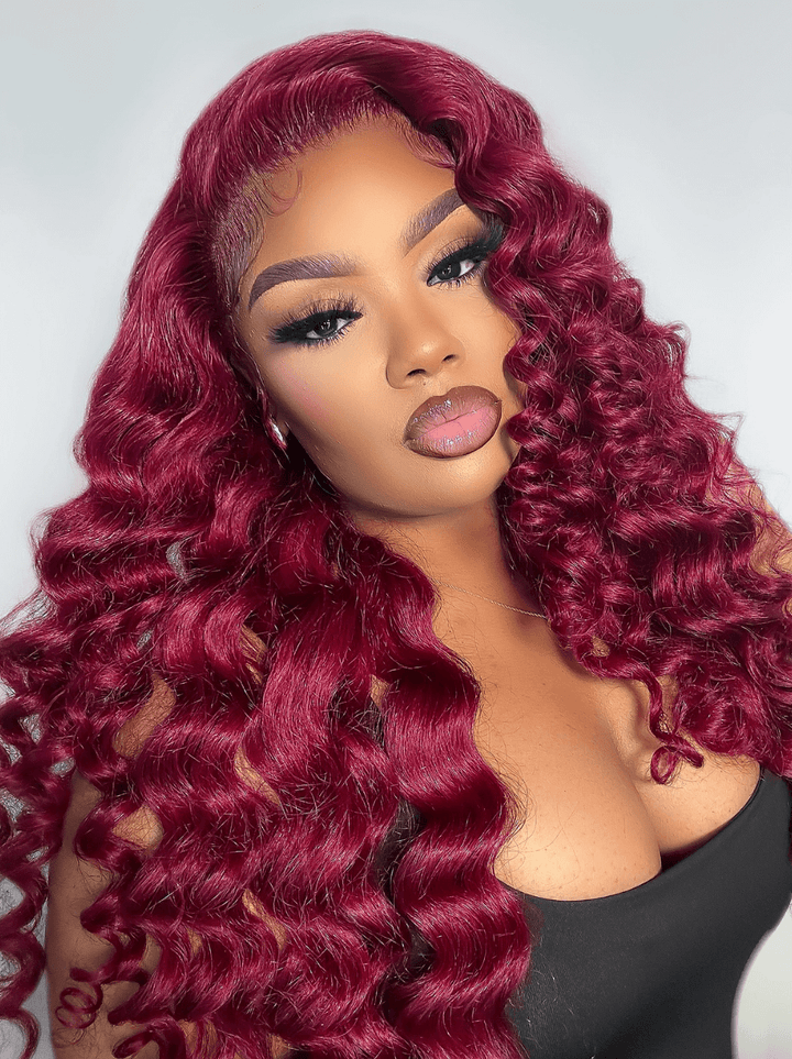 Dorsanee Burgundy Loose Deep Wave Wand Curls 13x4 Lace Front Virgin Human Hair Wigs