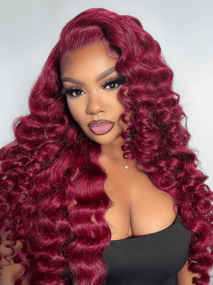 Dorsanee Burgundy Loose Deep Wave Wand Curls 13x4 Lace Front Virgin Human Hair Wigs