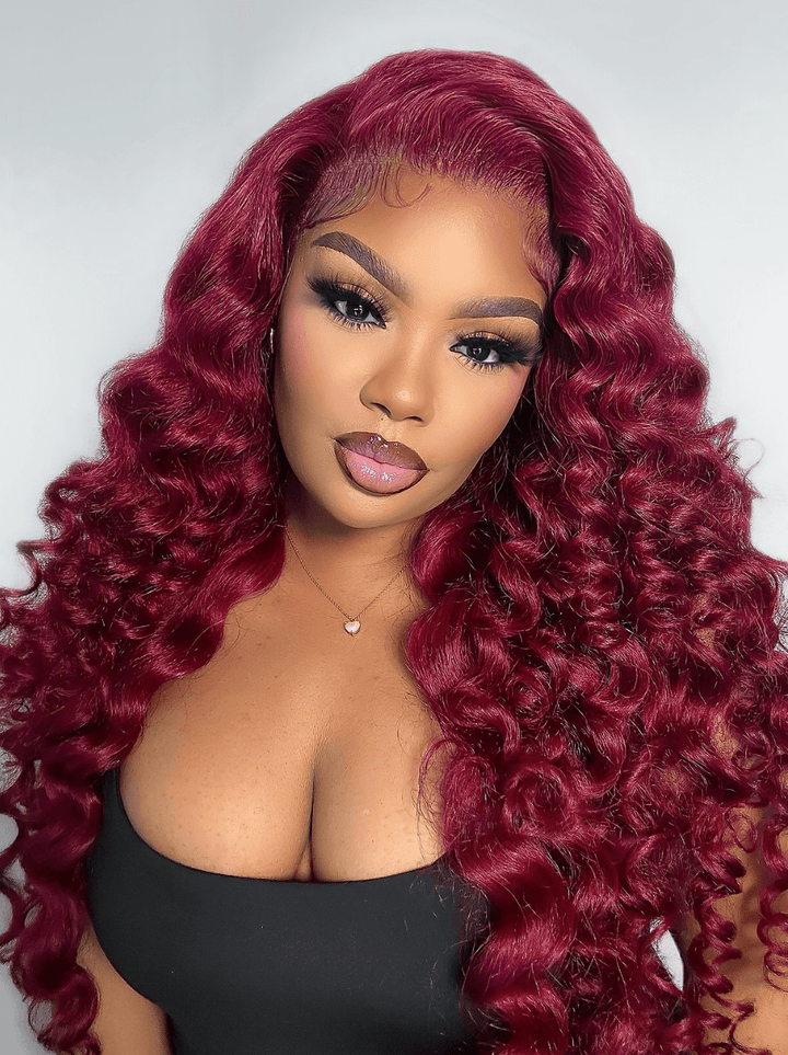 Dorsanee Burgundy Loose Deep Wave Wand Curls 13x4 Lace Front Virgin Human Hair Wigs