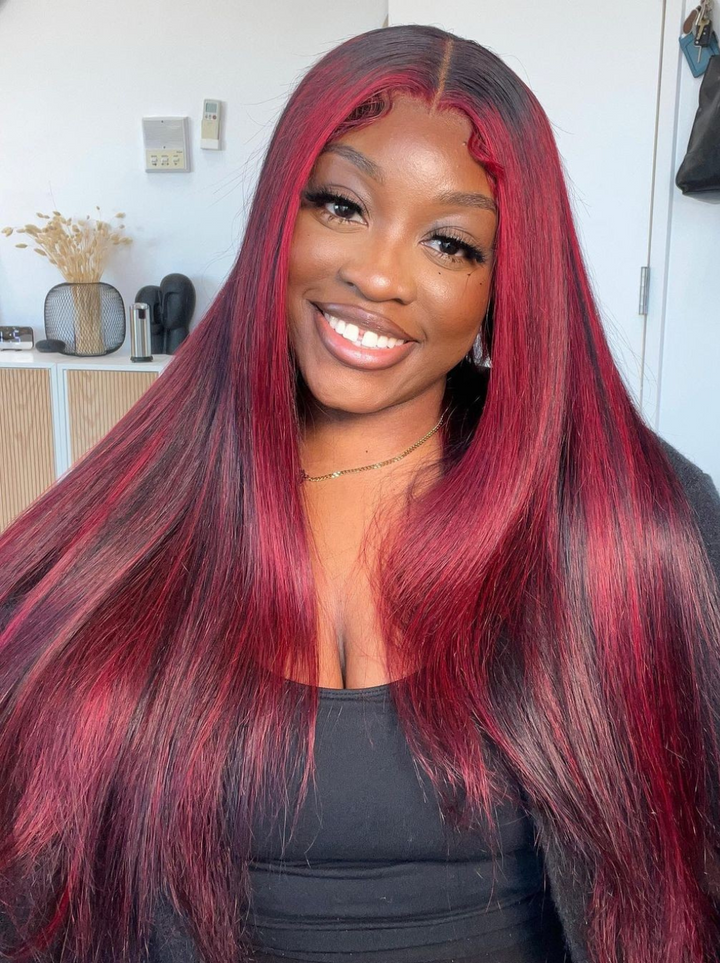 Dorsanee Black Wig with 99J Burgundy Highlight Mixed Colored 13*4/5x5 HD Lace Front Wigs Money Piece Hair