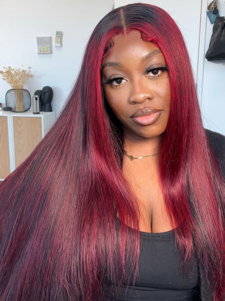 Dorsanee Burgundy Highlights On Black Hair Straight Lace Frontal Wig