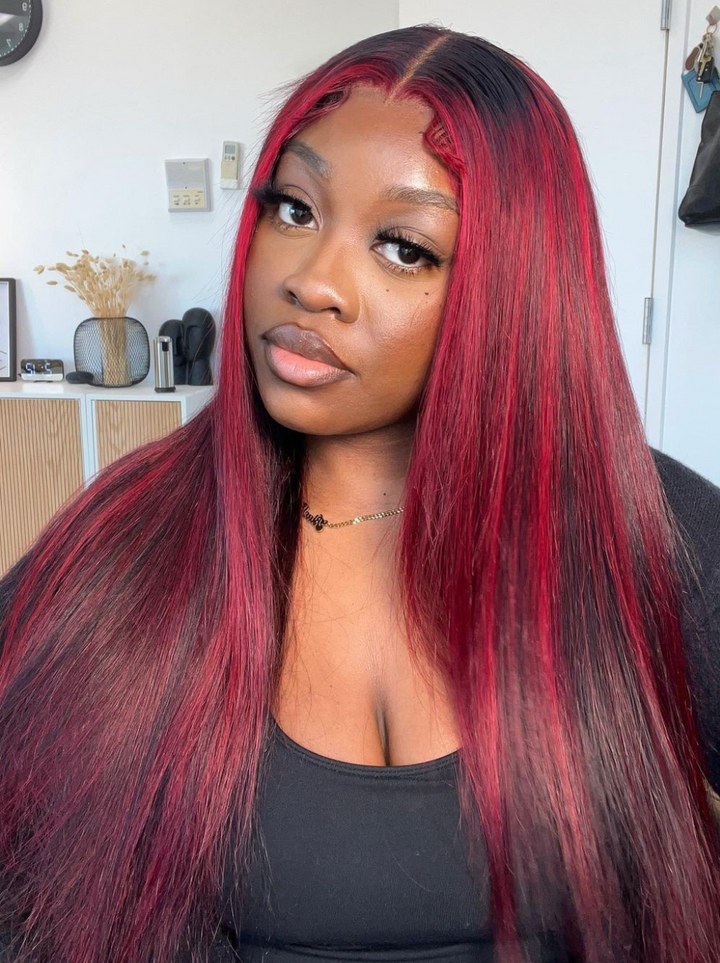 Dorsanee Black With Red Wig,Highlight Wig,Side Part Lace Wig,Black Highlights Red Long Straight Hair Wig