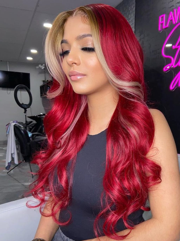 Dorsanee Burgundy Red With Honey Blonde Skunk Stripe 13x4 Lace Front Virgin Human Hair Wigs