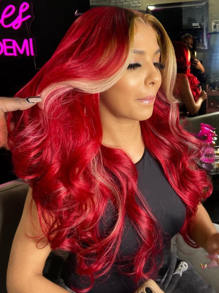 Dorsanee Burgundy Red With Honey Blonde Skunk Stripe 13x4 Lace Front Virgin Human Hair Wigs