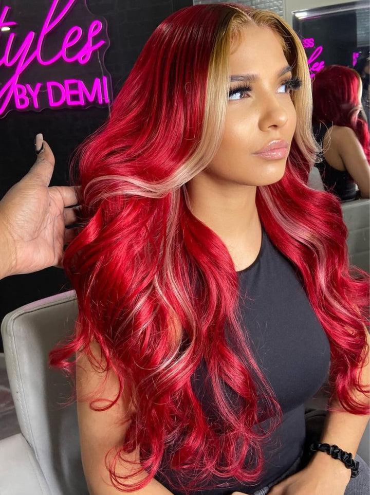 Dorsanee Burgundy Red With Honey Blonde Skunk Stripe 13x4 Lace Front Virgin Human Hair Wigs