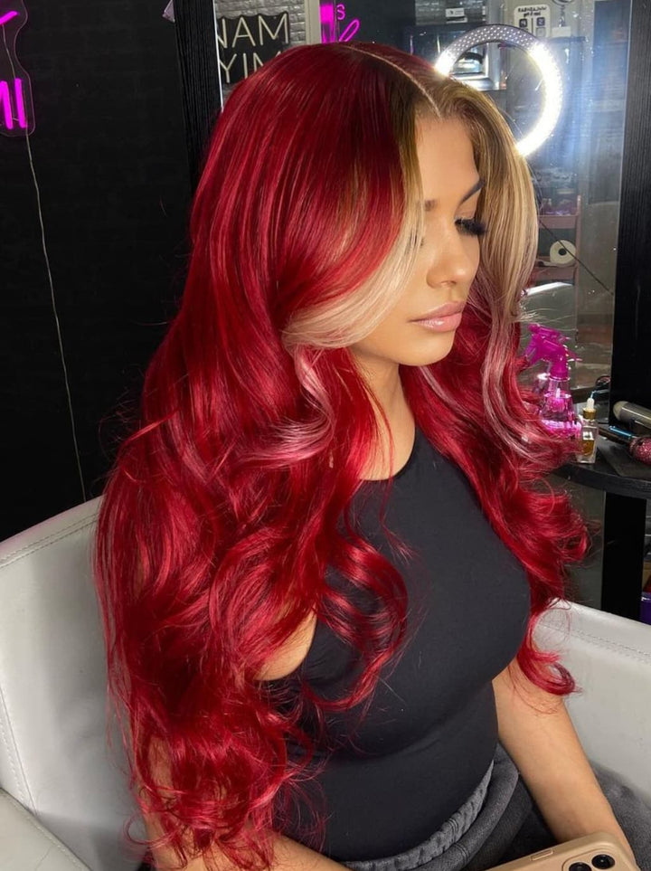 Dorsanee Burgundy Red With Honey Blonde Skunk Stripe 13x4 Lace Front Virgin Human Hair Wigs