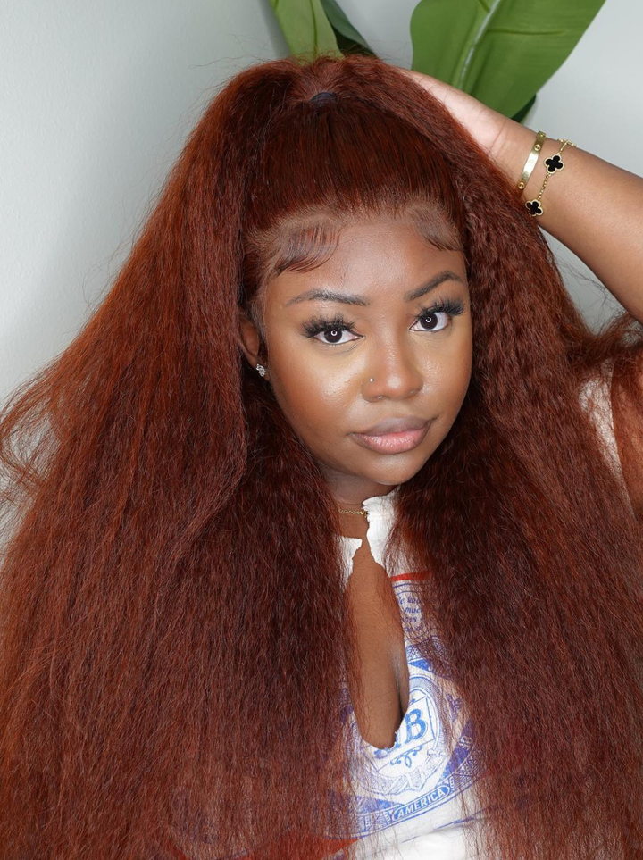 Dorsanee 250 Density Chocolate Reddish Brown Yaki Kinky Straight 13x4 Lace Front Human Hair Wigs