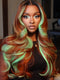 Dorsanee Copper Red Brown With Pastel Green Skunk Stripe Highlight Streaks 13x4 Lace Front Human Hair Wigs 200 Density