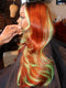 Dorsanee Copper Red Brown With Pastel Green Skunk Stripe Highlight Streaks 13x4 Lace Front Human Hair Wigs 200 Density